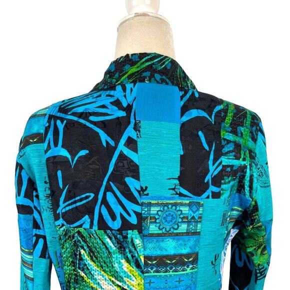Chico's Oriental Art-to-Wear Patchwork Silk Linen Blazer Jacket Turquoise SZ 4 - Picture 7 of 15